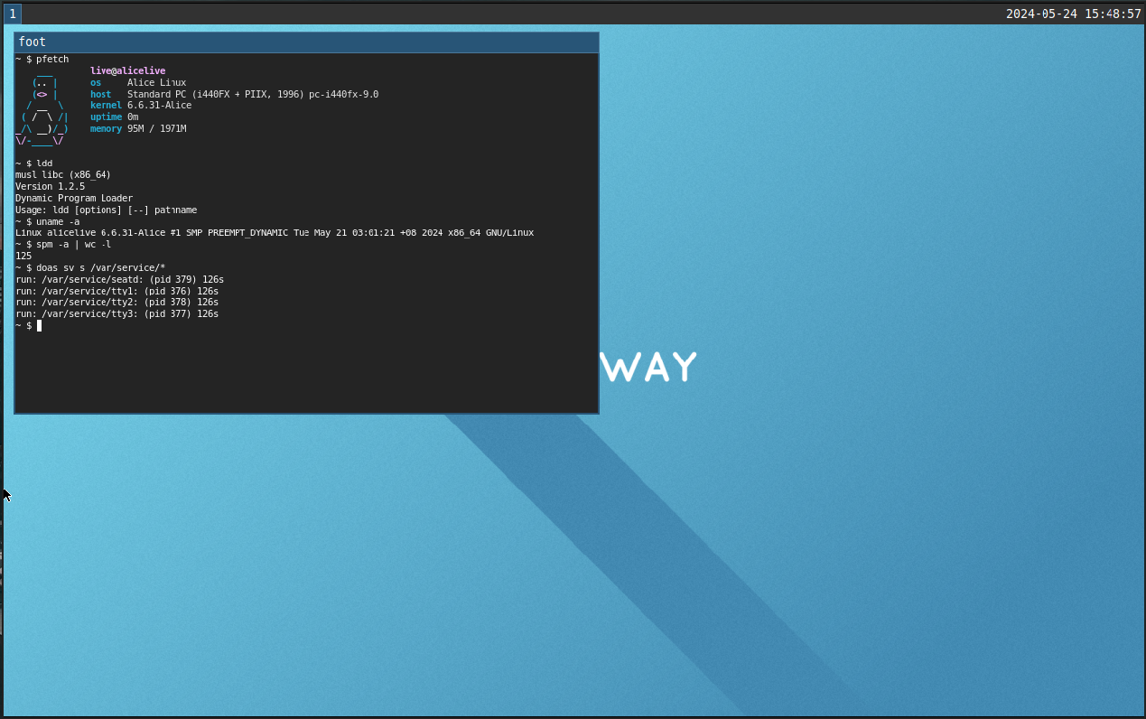 Screenshot of AliceLinux running Sway, foot and pfetch. Showcasing the 95megabytes of memory footprint and running on QEMU platform PC-i440fx-9.0